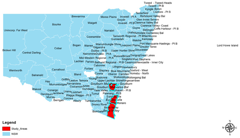 Figure 1: Map showing the study areas in New South Wales of Bega Valley Shire, Eurobodalla Shire and Goulburn Mulwaree.