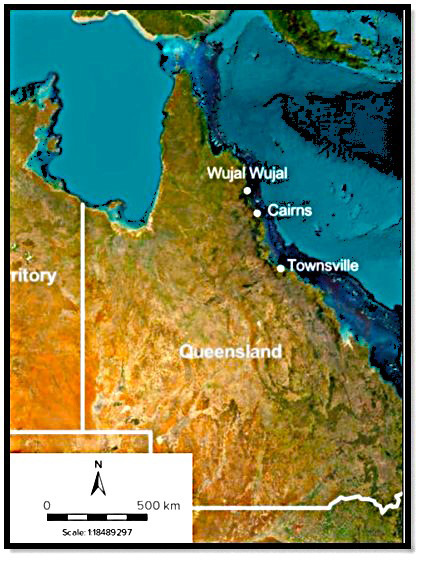Figure 1: Locations along the Far North Queensland coastline of the monsoon floods and Tropical Cyclone Kirrily (Townsville), Tropical Cyclone Jasper (Wujal Wujal) and associated flooding (Cairns).
